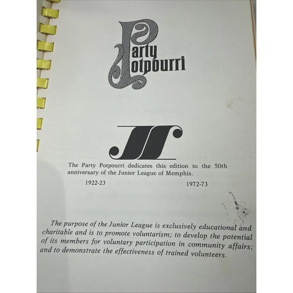 Vintage Junior League of Memphis Tennessee Cookbook Party‎ Potpourri 1972-73